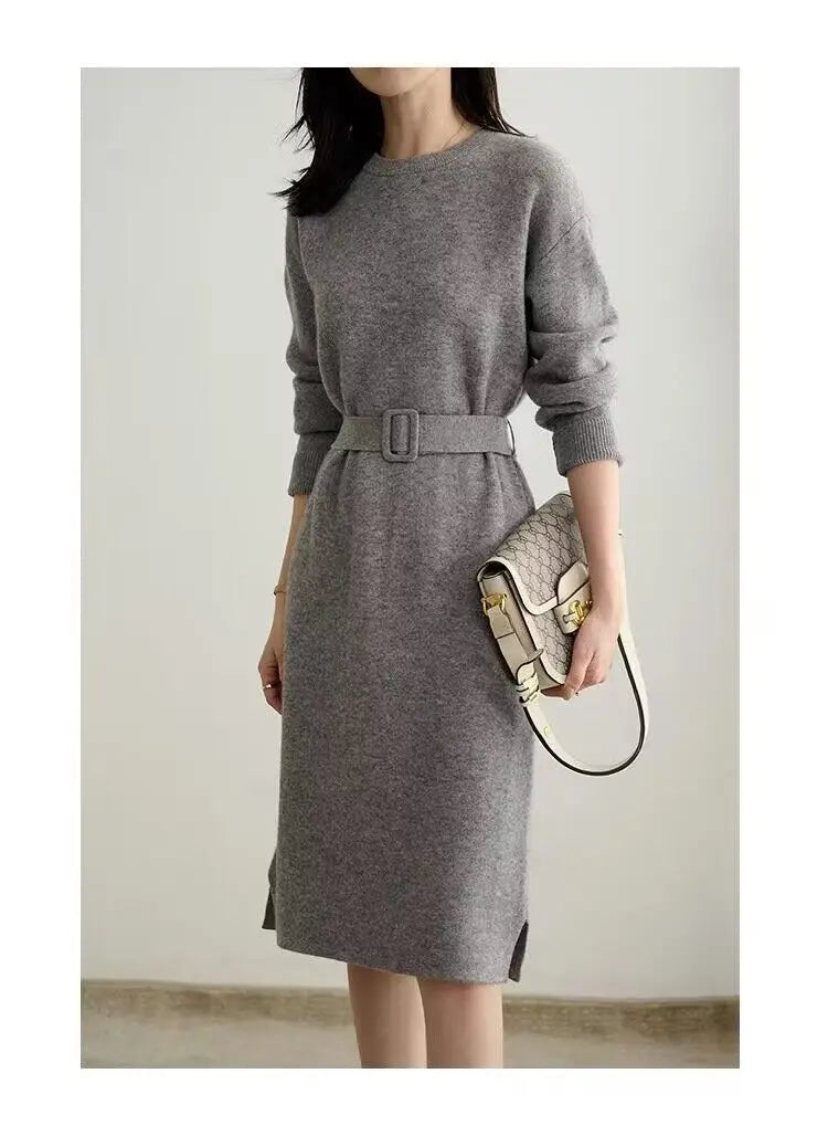 Women's Knit A-Line Midi Dress with Sash