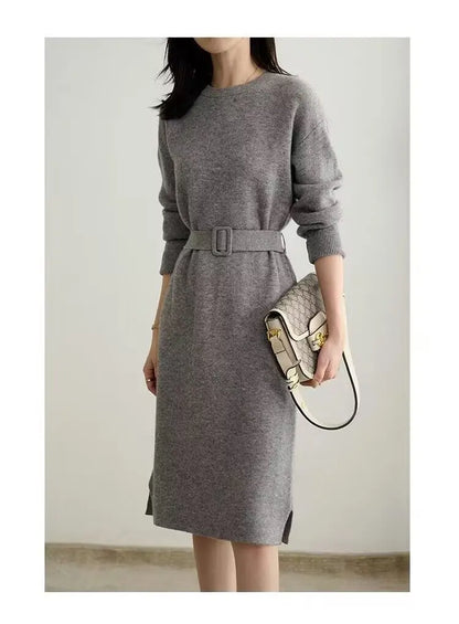 Vestido midi de punto en línea A con cinturón para mujer