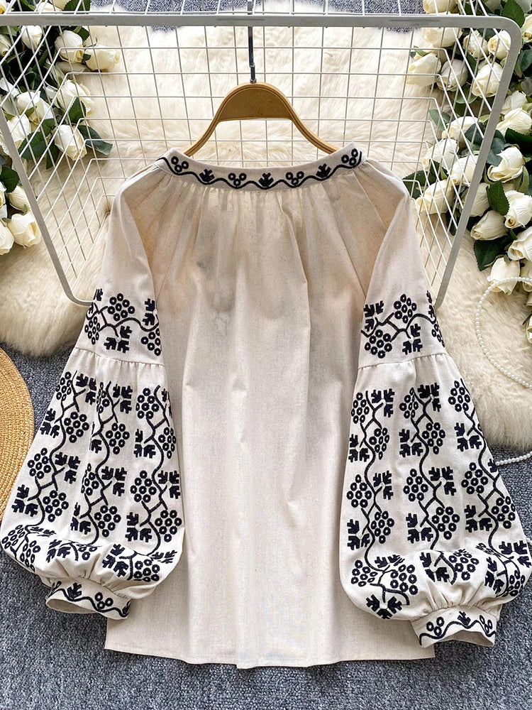 Women Embroidered Blouse Autumn Casual Versatile Lace Up O-neck Lantern Sleeves Retro Heavy Industry Top Female Pullovers BL247