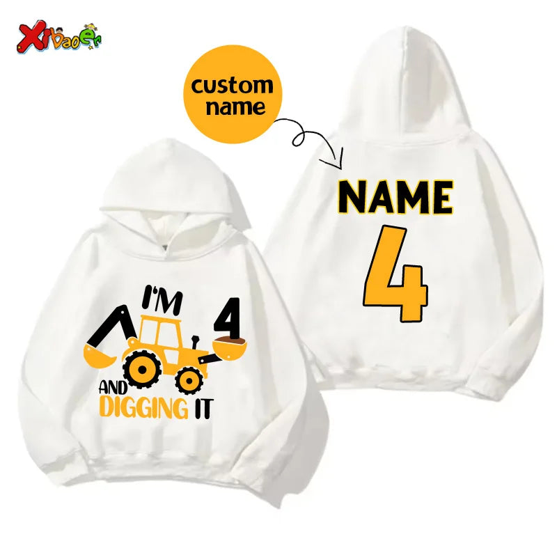 Kids' Custom Name Excavator Hoodie - Personalised Construction Birthday Sweatshirt