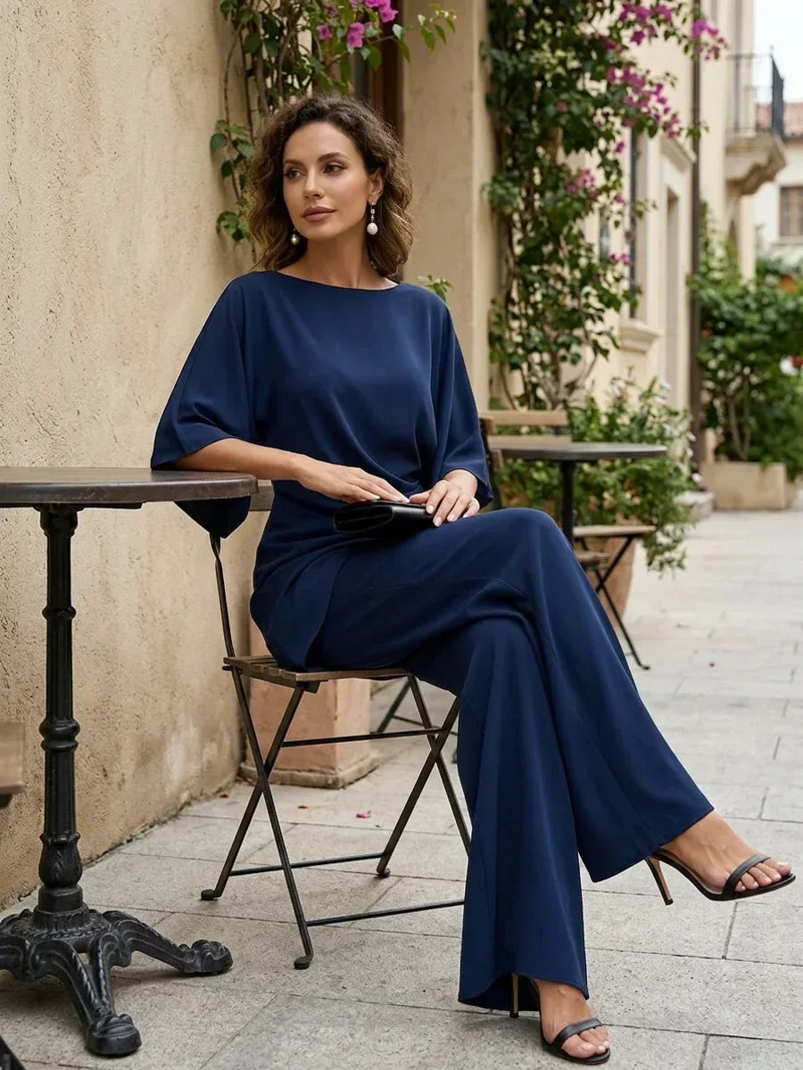 Women's Twist-Waist Two-Piece Set – Cape-Sleeve Top & Wide-Leg Pants