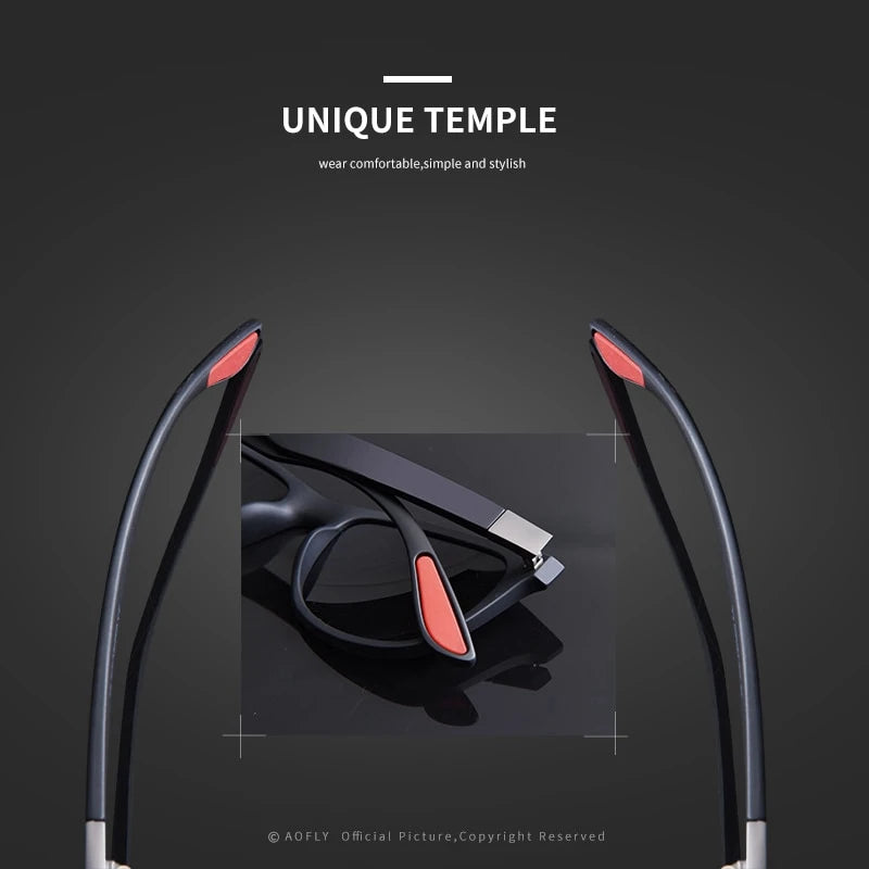 Sunglasses with unique temple design on a dark background