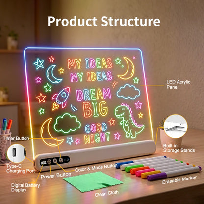 LED Light-Up Drawing Board – Rechargeable, with Timer & 7 Markers