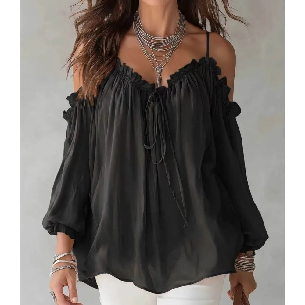 Elegant Off Shoulder Blouse Ruffled V Neck Lace Up Puff Sleeve Chiffon Shirts Loose Casual Summer Fashion Women Long Sleeve Top