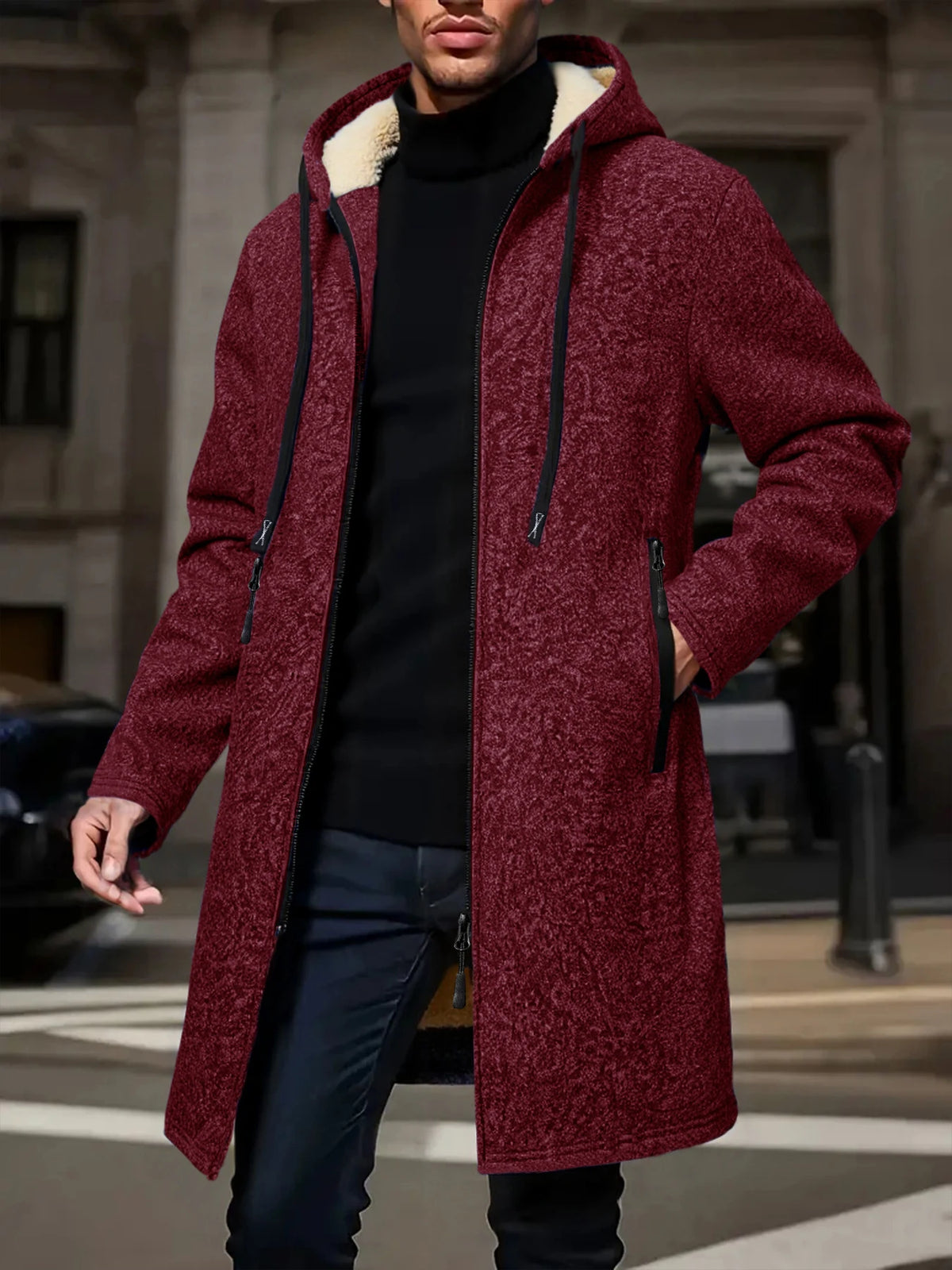 Men's Winter Warm Long Coat Zipper Jacket Zip Windbreaker Thick Fleece Windproof Overcoat Casual Contrast Color Hooded Jacket
