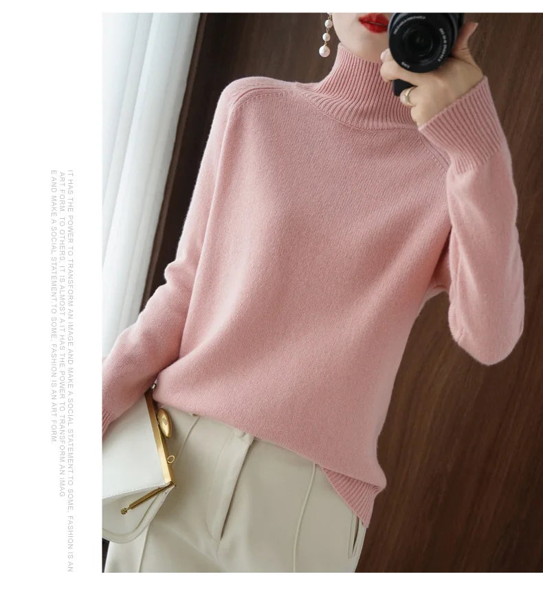 Fashion Basic Autumn Winter Merino Wool Sweater Mock Neck Cashmere Pullover Solid Color Soft Long Sleeve Basic Clothing Tops