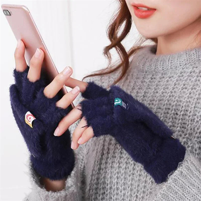 Women's Plush Flip-Top Mittens – Fingerless Convertible Gloves