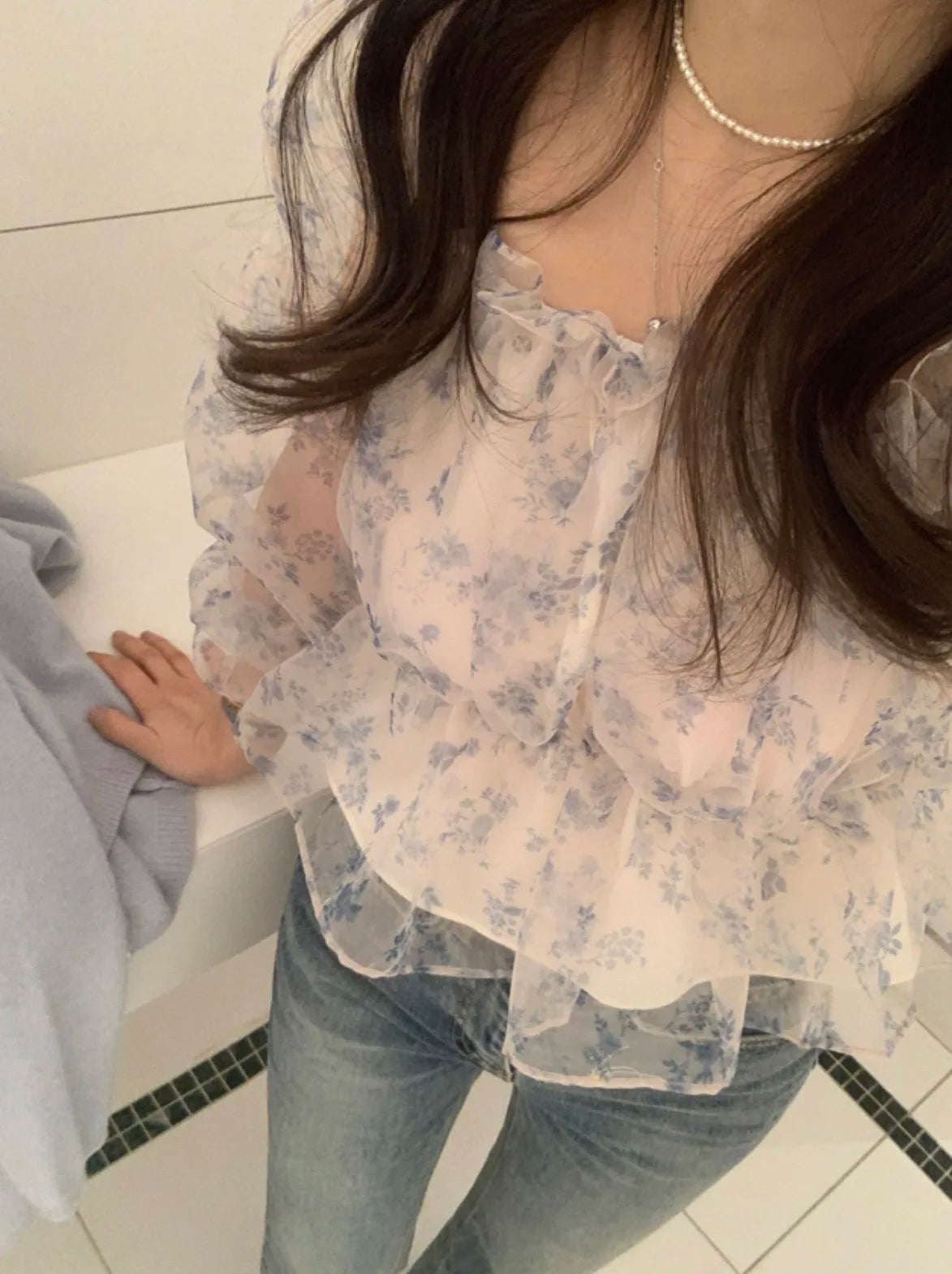 Chic Spring Women's Blouse Gentle Shoulder Bared Floral Bubble Sleeve Chiffon Top Korean Style Loose Fit Long Sleeve Short Le...