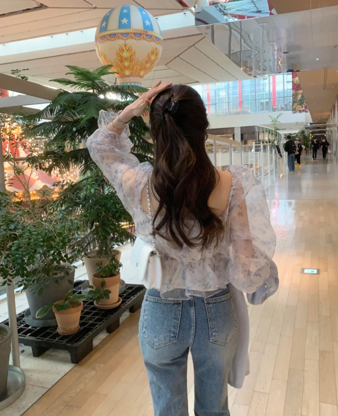 Chic Spring Women's Blouse Gentle Shoulder Bared Floral Bubble Sleeve Chiffon Top Korean Style Loose Fit Long Sleeve Short Le...