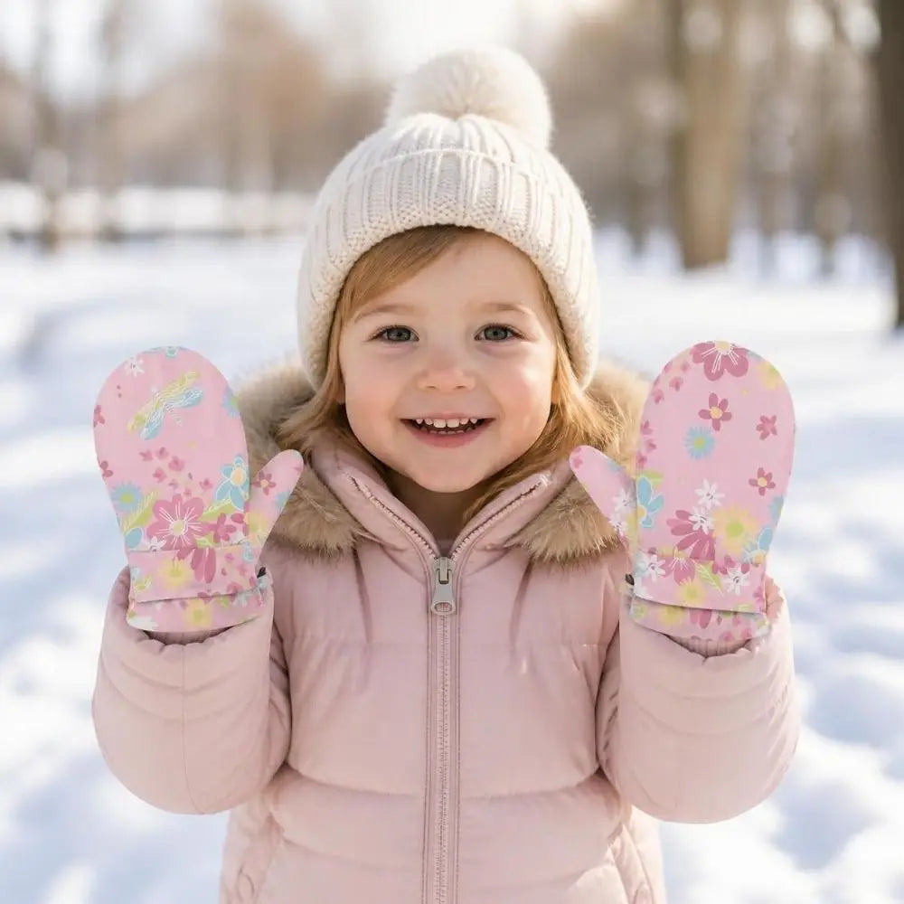 Kids' Floral Fleece-Lined Snow Mittens with Anti-Lost Clip