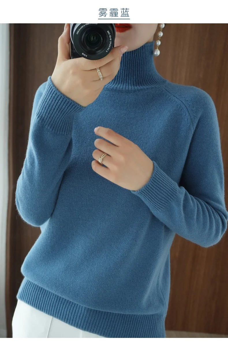 Fashion Basic Autumn Winter Merino Wool Sweater Mock Neck Cashmere Pullover Solid Color Soft Long Sleeve Basic Clothing Tops