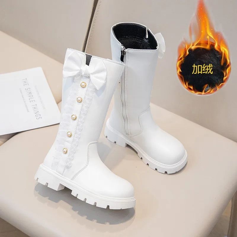 Girls' Waterproof Knee-High Boots with Bow & Lace