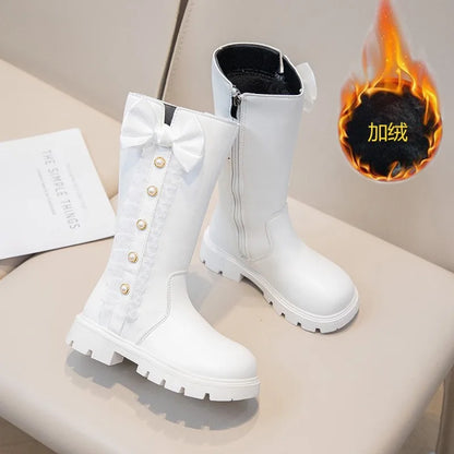 Girls' Waterproof Knee-High Boots with Bow & Lace