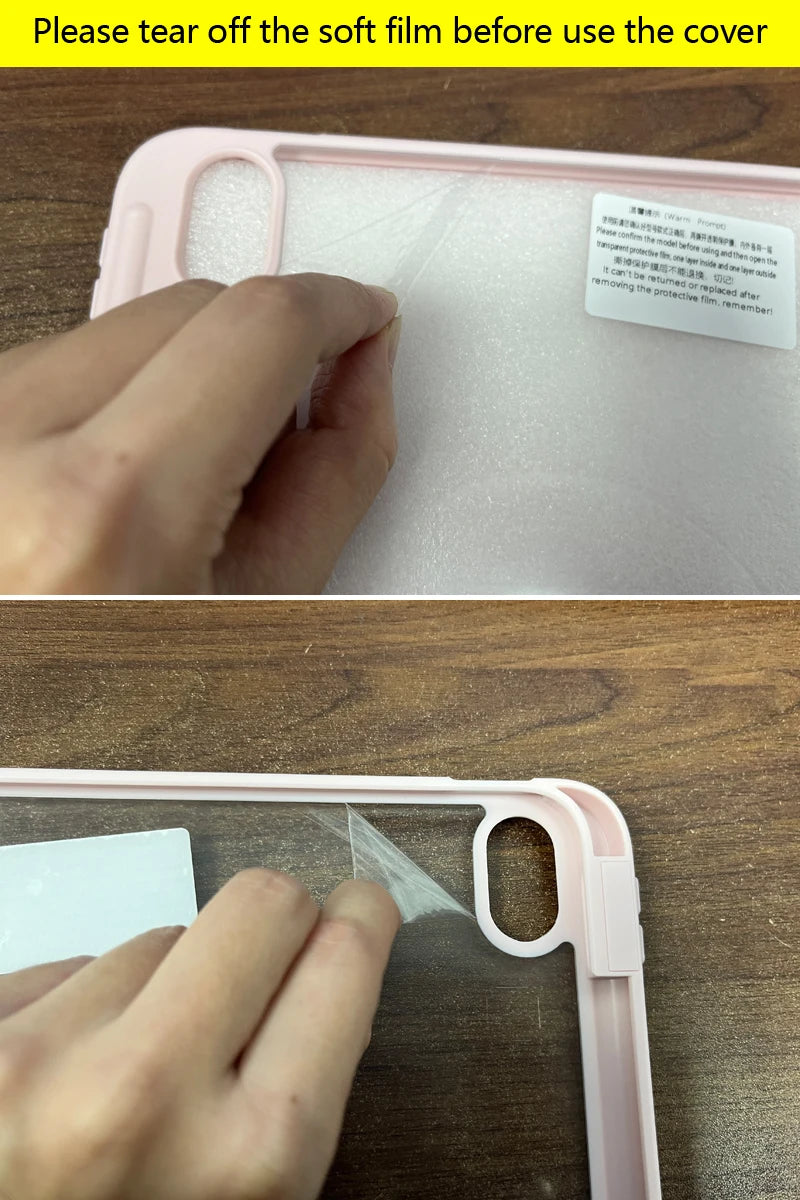 Person peeling off a soft film from a phone case on a wooden surface.
