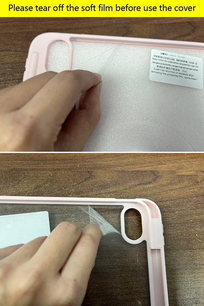 Person peeling off a soft film from a phone case on a wooden surface.