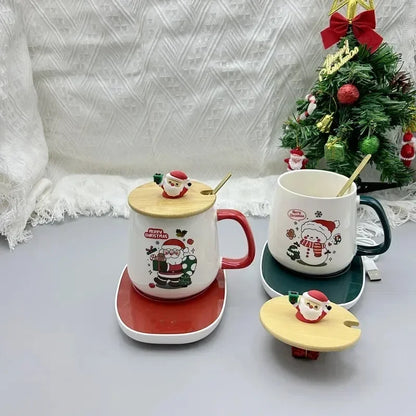 Santa Mug Warmer Gift Set – Ceramic Mug with Lid, Spoon & 55°C Warming Coaster