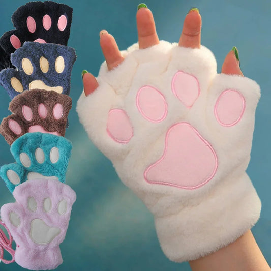 Women's Plush Cat Paw Fingerless Gloves