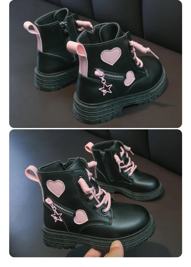 Black/pink Girls Leather Boots Velvet with Anti Slip Low Cut Side Zipper Winter Outdoor Girls Fashion Single Boot