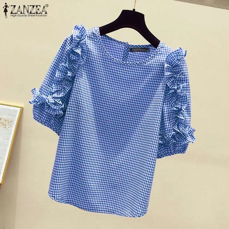Ruffle-Trim Plaid Lantern-Sleeve Blouse