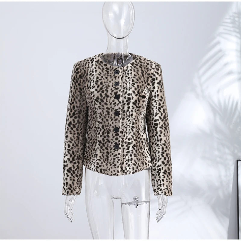 Street Leopard Print Fur Cuffs Jacket Women Stand Collar Full Sleeve Buttons Jackets 2026 Autumn Winter Fashion Lady Outwear