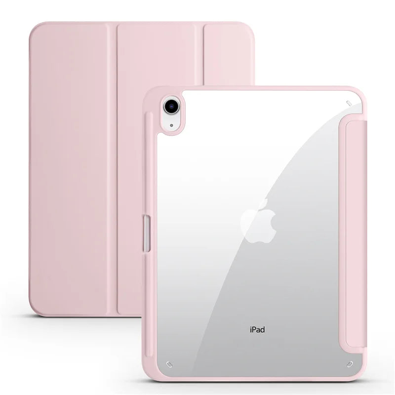 Pink case with clear back for an iPad on a white background