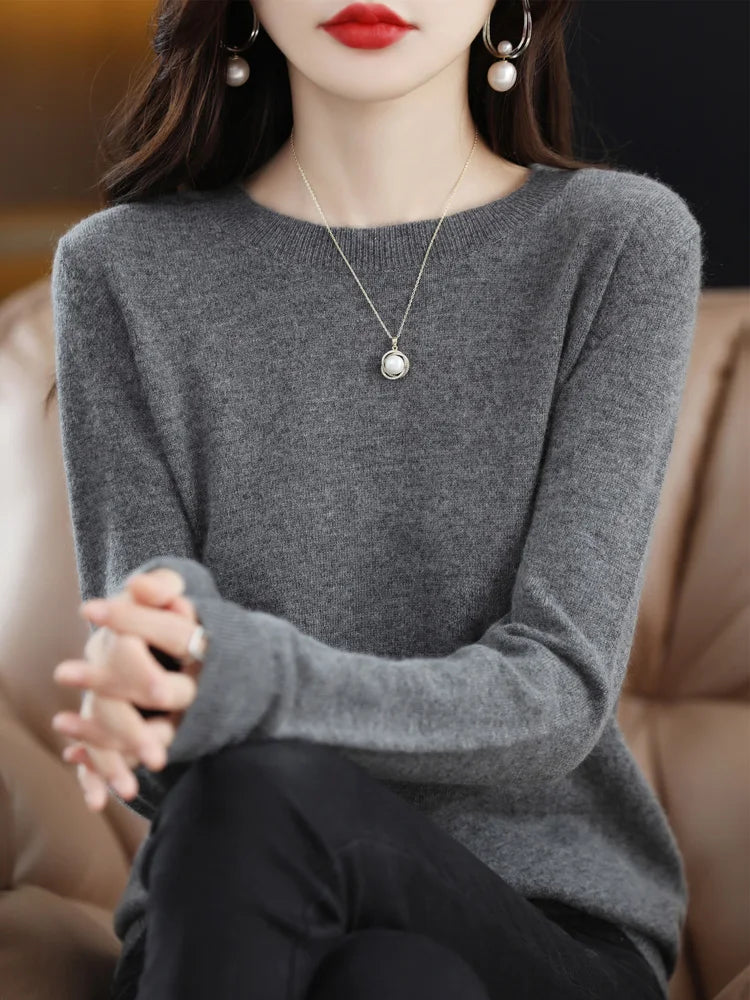 Fashion 100% Merino Wool Sweater Elegant Cashmere Pullover Women O-Neck Long Sleeve Knitwear Basic Clothing  Jumper Tops
