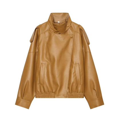 Chaqueta de cuero sintético con cremallera para mujer Guobioziy