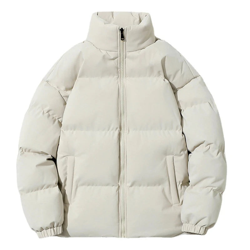Women Men Winter Puffer Jacket, Solid Color Zip Up Stand Collar Warm Coat, Loose Casual Long Sleeve Outerwear For Daily