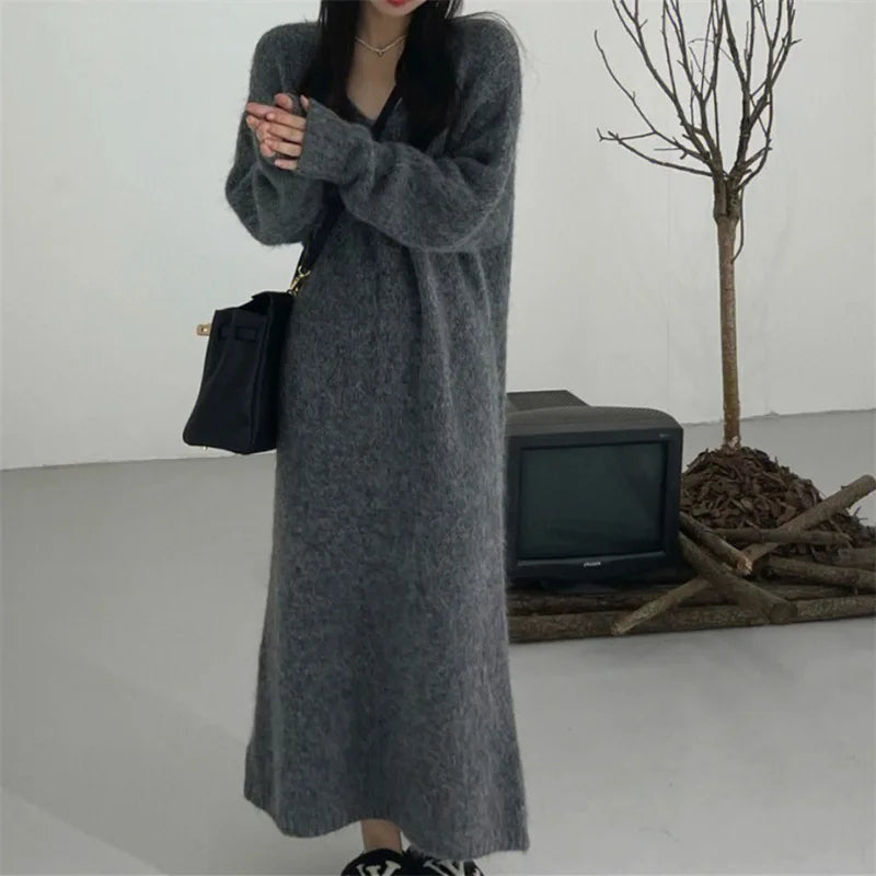 Women's Loose V-Neck Ankle-Length Dress
