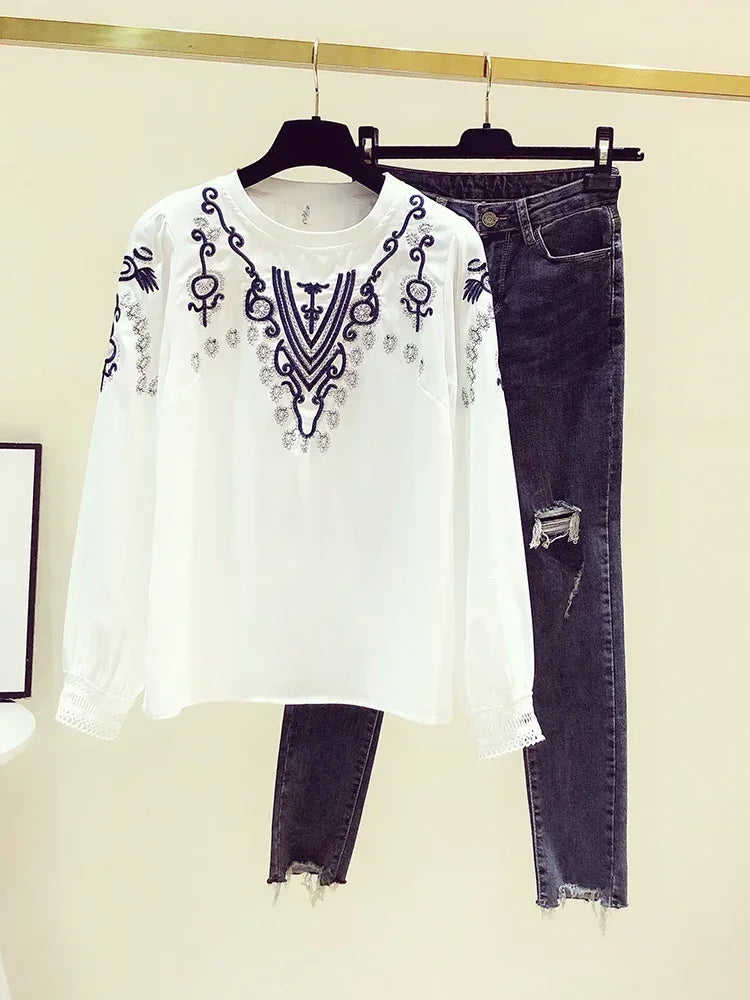 Korean Fashion Embroidery White Blouse Female Chiffon Female Long-sleeved Blusa Early Autumn New Shirt Tops KK1471