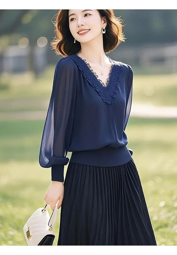 Spring Autumn Office Lady Lace Patchwork Solid Color V-neck Long Sleeve Shirts Female Fashion Net Yarn Lantern Sleeve Blouse