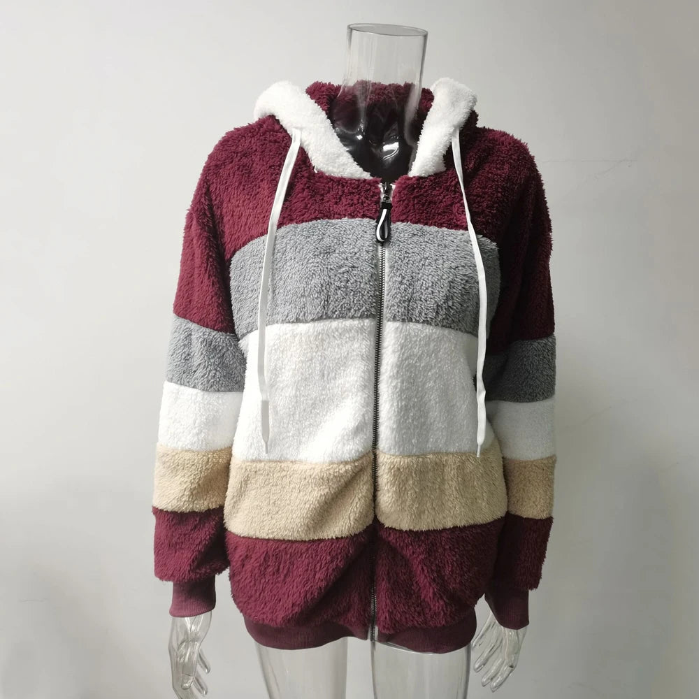 Winter Fashion Women's Coat 2026 Hooded Zipper Ladies Jacket Spliced Thick Cashmere Women Jacket Stitching Plaid Ladies Coats