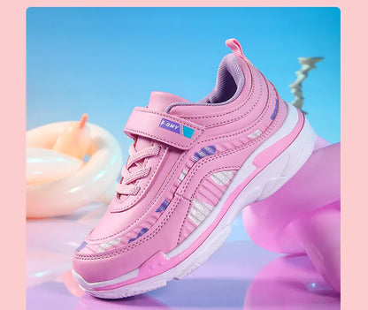 Zapatillas deportivas impermeables para niñas, zapatillas casual de cuero rosa transpirables, a la moda, antideslizantes, ligeras para niños.