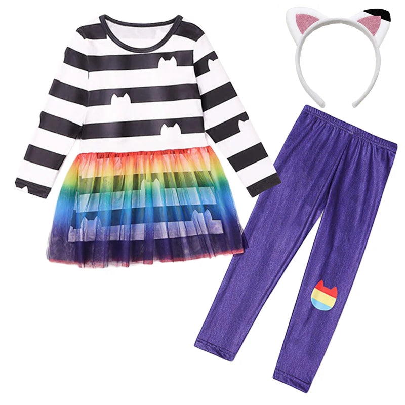Girls' Rainbow Tutu Cat Costume Set - Top, Skirt & Pants Party Outfit, Ages 3-10