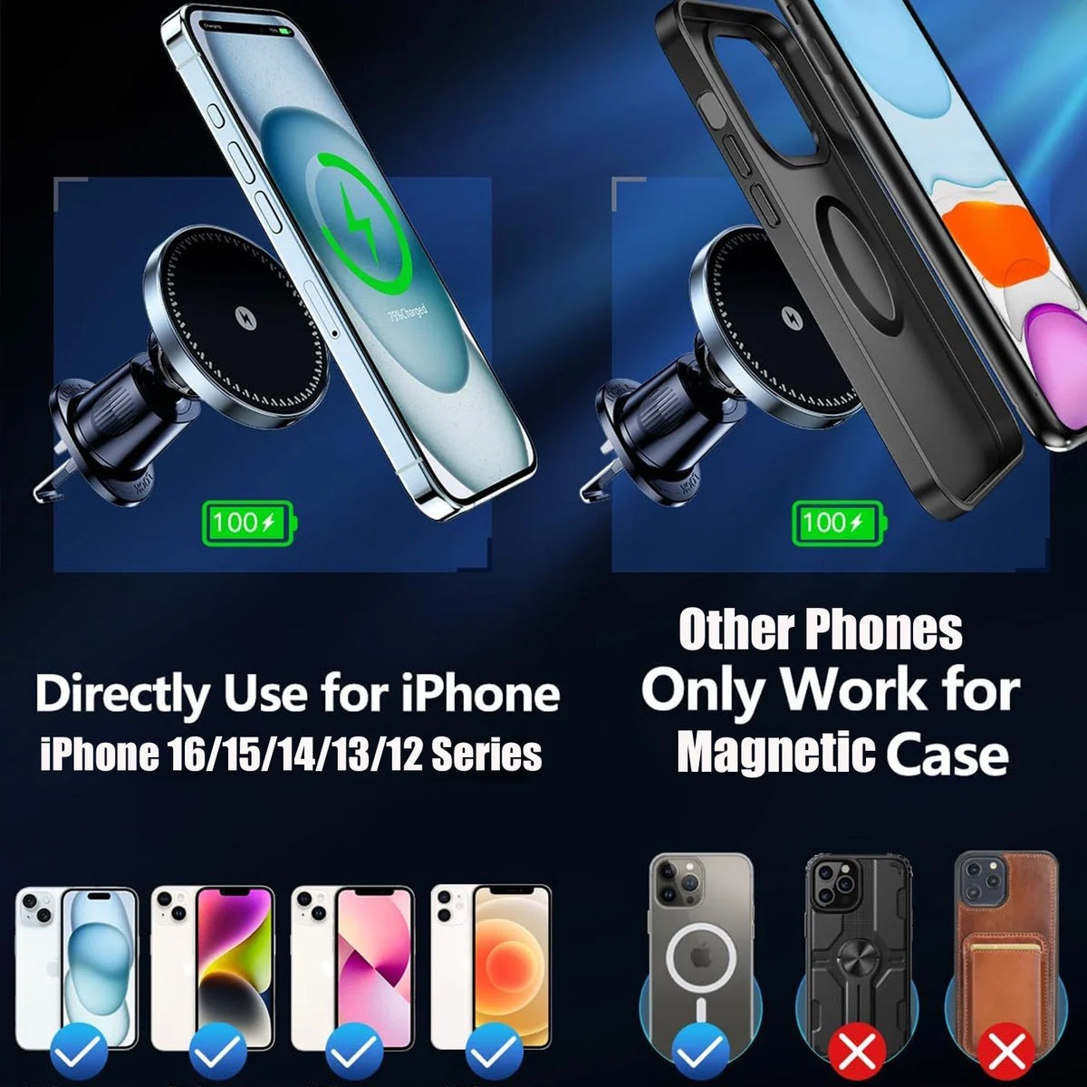 15W Magnetic Car Phone Charger & Air Vent Mount