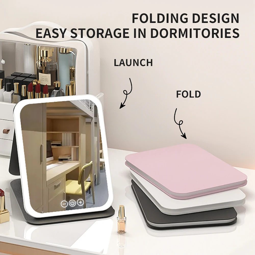 Foldable LED Makeup Mirror – 3 Light Colours, Dimmable Touch Control, Rechargeable