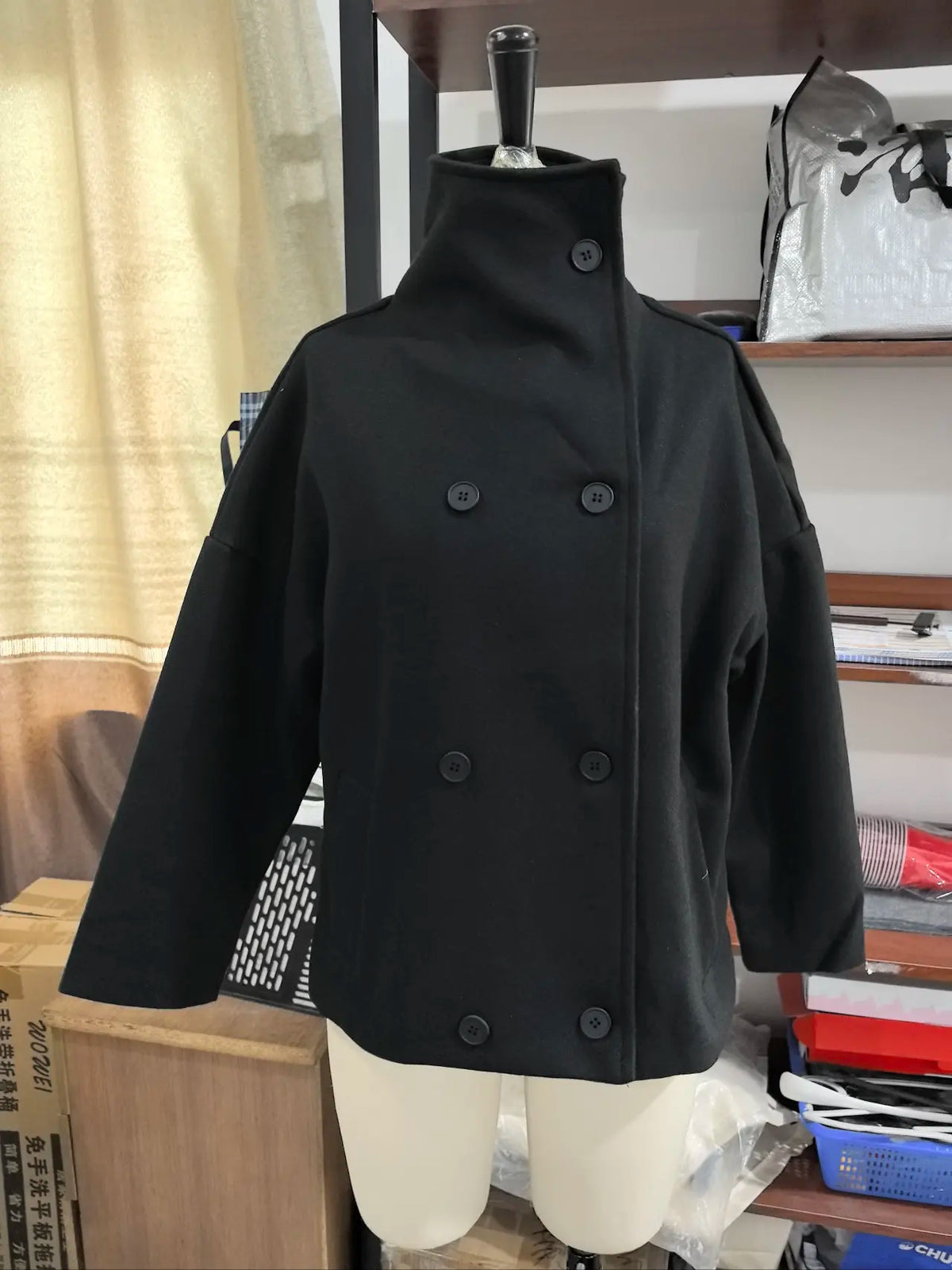 Classic Black High Neck Faux Wool Coats Women Chic Double Breasted Wide Sleeve Pocket Jackets Fall Winter Street Loose Outerwear
