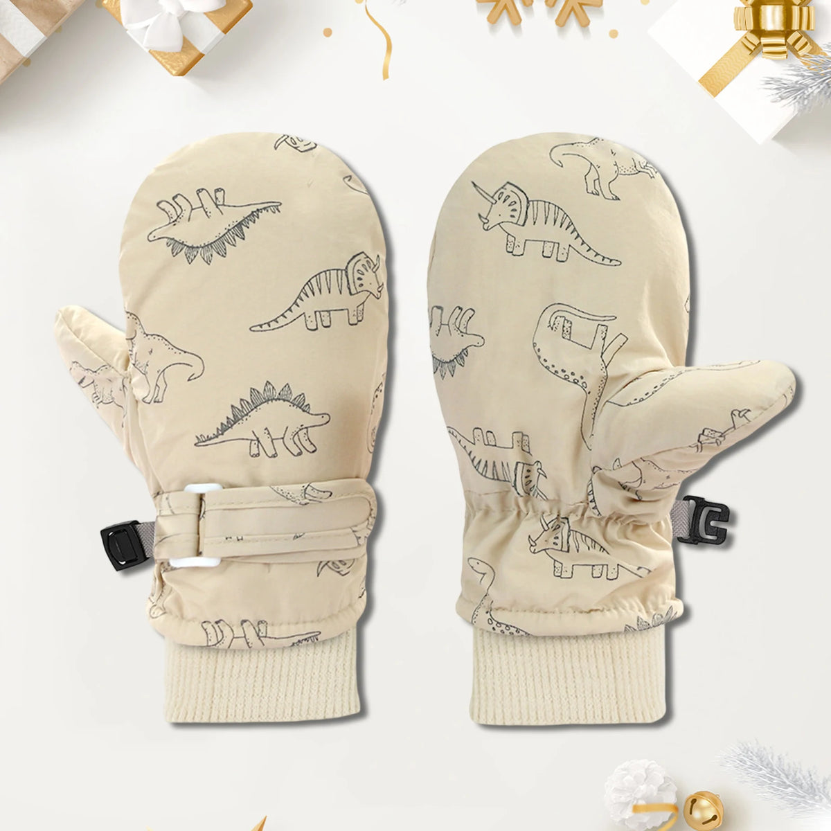 Kids' Dinosaur Print Fleece-Lined Snow Mittens