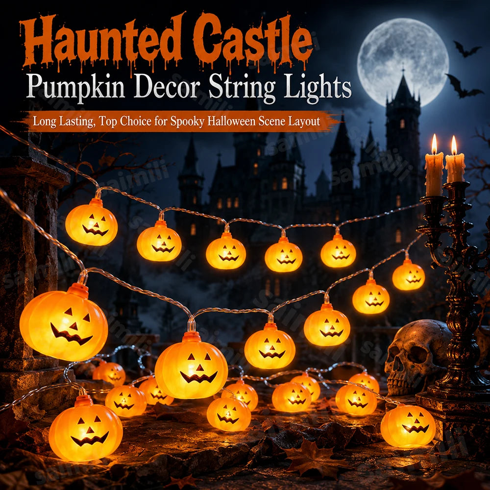 Jack-O'-Lantern Pumpkin LED String Lights – Battery Powered Halloween Decor