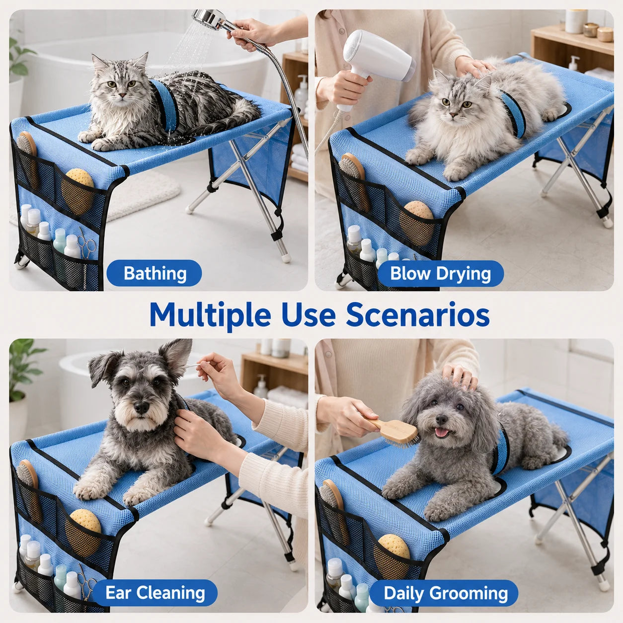 Table de toilettage portable pour animaux de compagnie Station de bain pliable pour chiens Établi de toilettage pour chats Hauteur réglable Outil de coupe de poils et de griffes