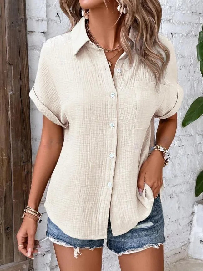 Women Casual Cotton Blouse Vintage Summer Short Sleeve Slim Shirt Elegant Turn Down Collar Solid Tunics Harajuku Streetwear Tops