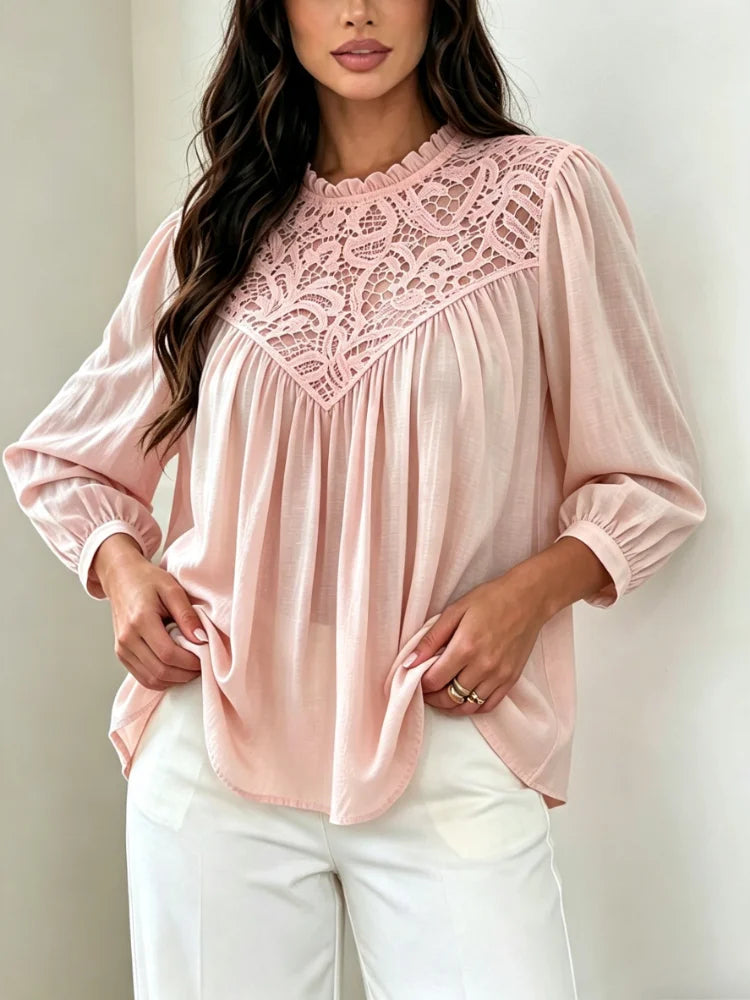 Mori New Chic Women Spring Autumn Lace Spliced Chiffon Blouse Ruffle Neck Lantern Long Sleeve Loose Fit Elegant Daily Tops