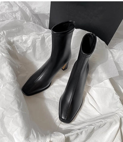 Botines de mujer con punta cuadrada, cremallera y tacón de bloque