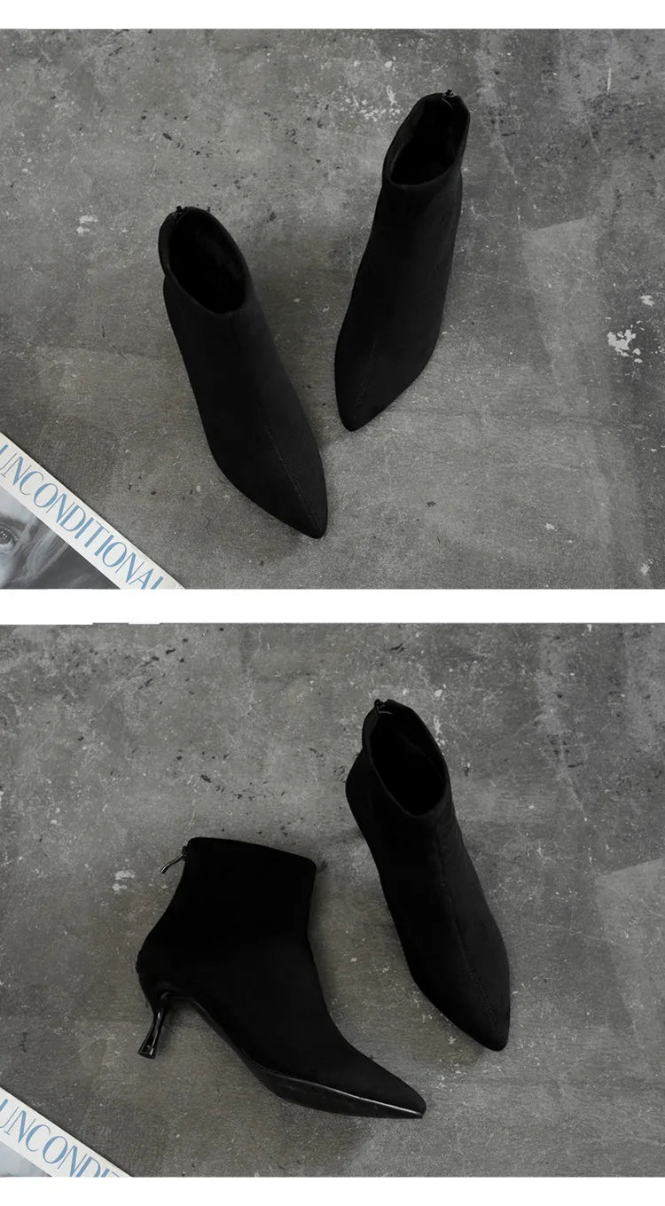 Suede Pointy Toe Ankle Boots Zipper Thin Heels Size 31-43 Winter Short Boots for Women High Heels Big Size High Heels