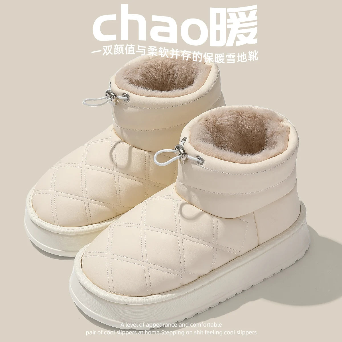 Women's Winter High-Top Fur Lined PU Leather Snow Boots Waterproof Cotton Shoes Warm Fashionable Short Tube EVA Inner Material