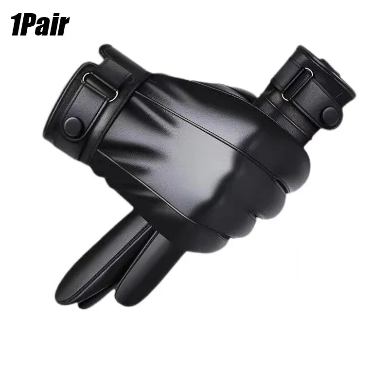 Men's Velvet-Lined Faux Leather Winter Gloves – Black
