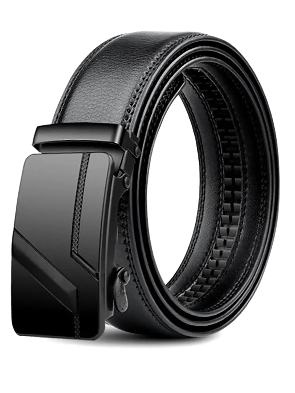 Men's Automatic Buckle Belt – Black Faux Leather Ratchet Belt, 110–130 cm