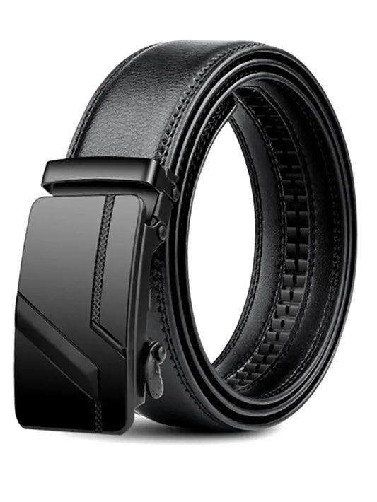Men's Automatic Buckle Belt – Black Faux Leather Ratchet Belt, 110–130 cm