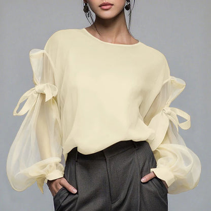 Mesh-Bluse mit Schleifendetail und Laternenärmeln