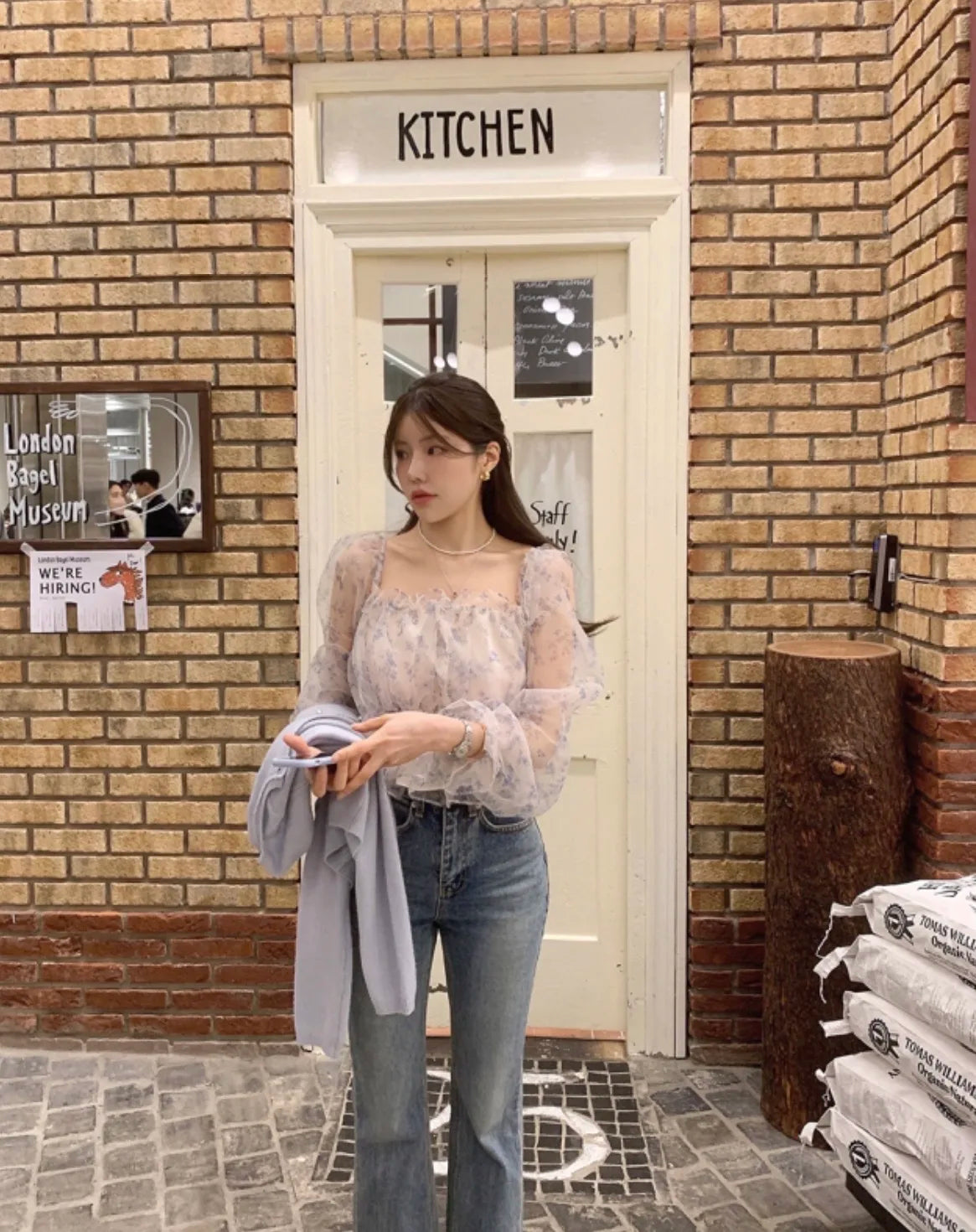 Chic Spring Women's Blouse Gentle Shoulder Bared Floral Bubble Sleeve Chiffon Top Korean Style Loose Fit Long Sleeve Short Le...